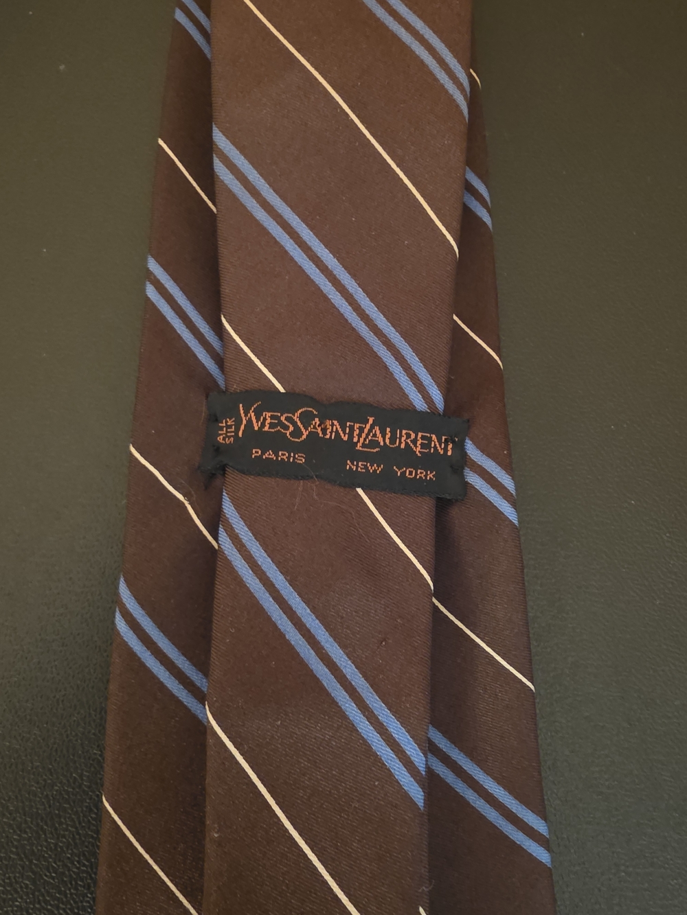 Yves Saint Laurent Brown Tie with Blue and Cream Stripes